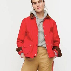 J. Crew Vibrant Red Utility Barn Jacket with Brown Floral Details